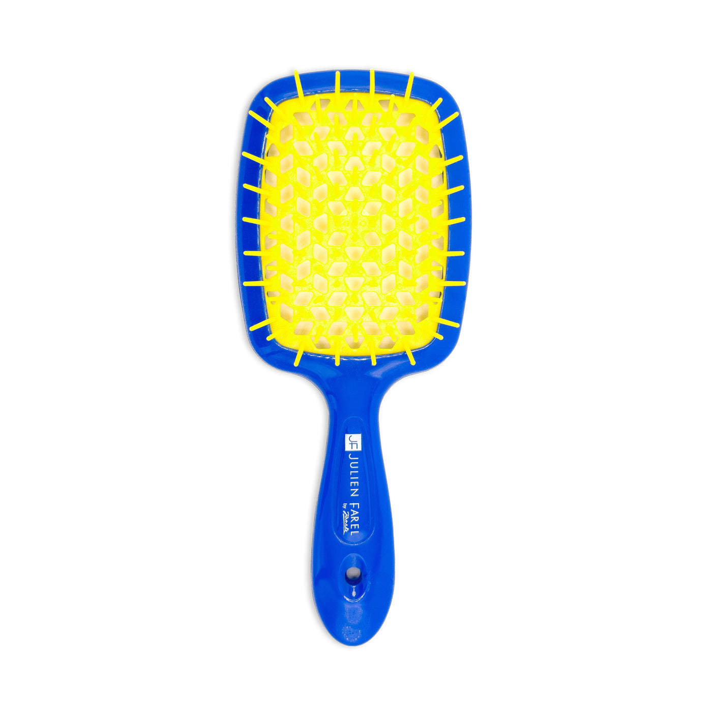 Blue paddle brush with yellow bristles